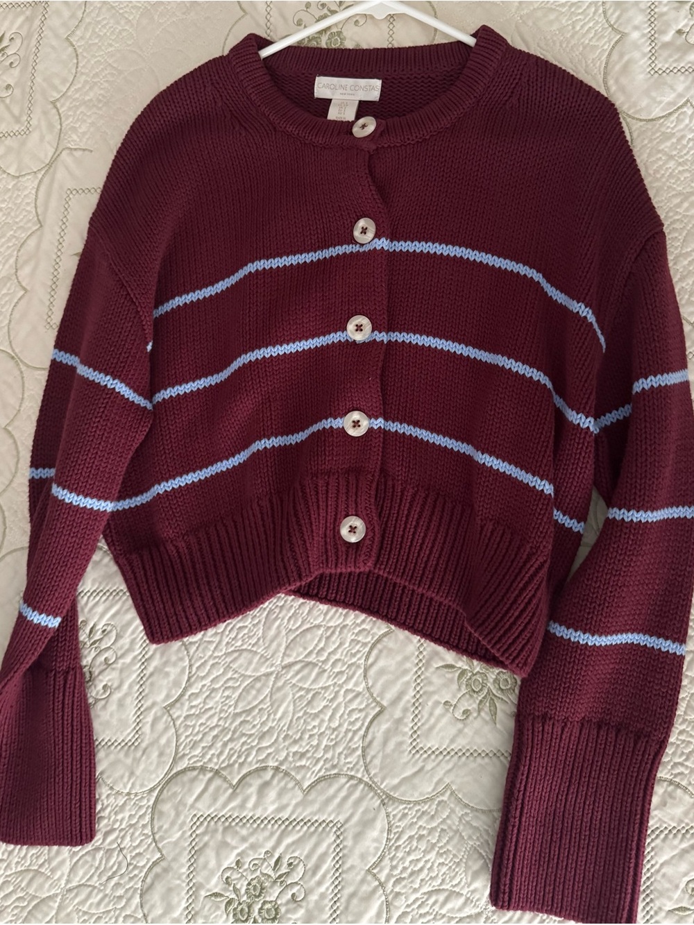 Caroline Constas Burgundy Cropped Cardigan with Light Blue Stripes